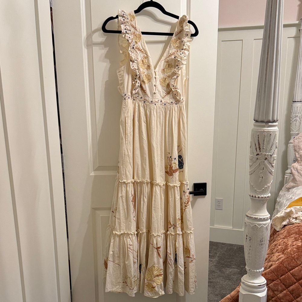 Anthropologie Cream Floral Ruffle Maxi Dress